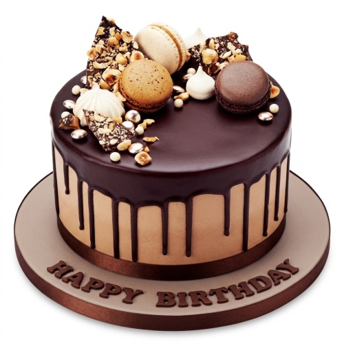 Round chocolate drip cake with macarons, meringues, chocolate shards, hazelnuts, and 'Happy Birthday' on the board.