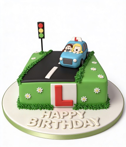 Square green and black cake with a blue car, L plate, traffic light, and 'Happy Birthday' message.