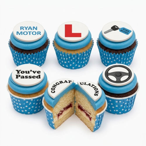 A set of driving test pass cupcakes with blue frosting and white toppers featuring an L-plate, car key, steering wheel, and 'You've Passed' message.