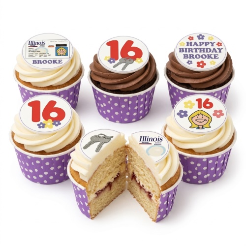 Cupcakes with white and chocolate frosting, purple polka dot wrappers, and toppers featuring the number 16, car keys, and a driver's license design.