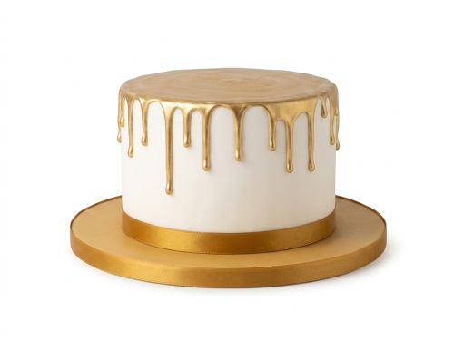 Round white cake with metallic gold drip icing, gold ribbon, and gold cake board.