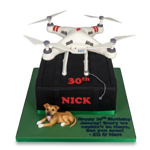 White drone model on a black square cake with a brown dog figurine and custom age topper.