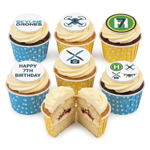 Cupcakes with drone, propeller, and 'Skyline Drones' logo toppers, featuring a 'Happy Birthday' message and custom age.