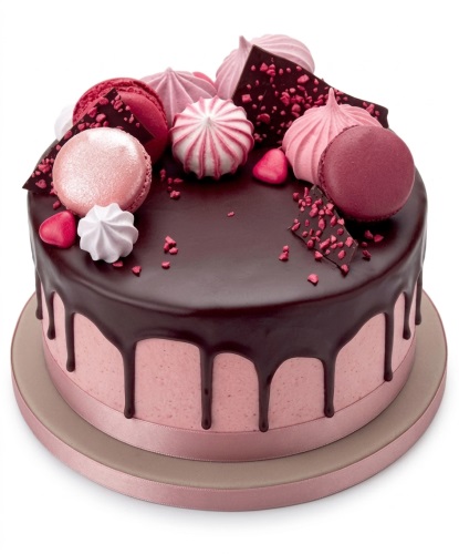 Pink drip cake with macarons, meringues, and chocolate shards.