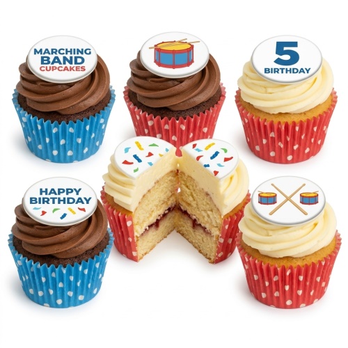 Marching band themed cupcakes with drum toppers, "Happy Birthday" message, and a custom age topper.