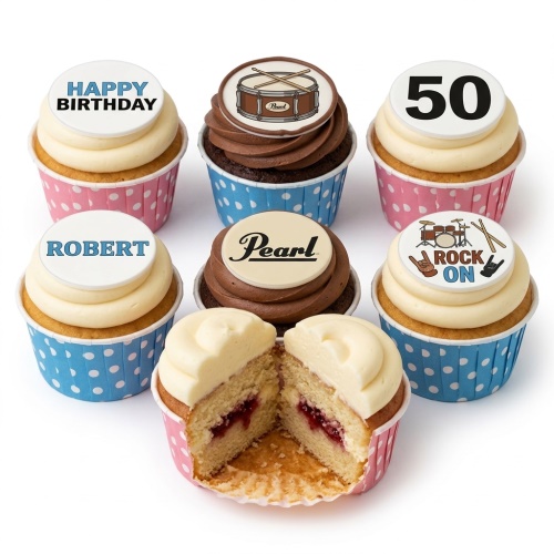 Vanilla and chocolate cupcakes with drumming and rock music toppers, custom age and name.