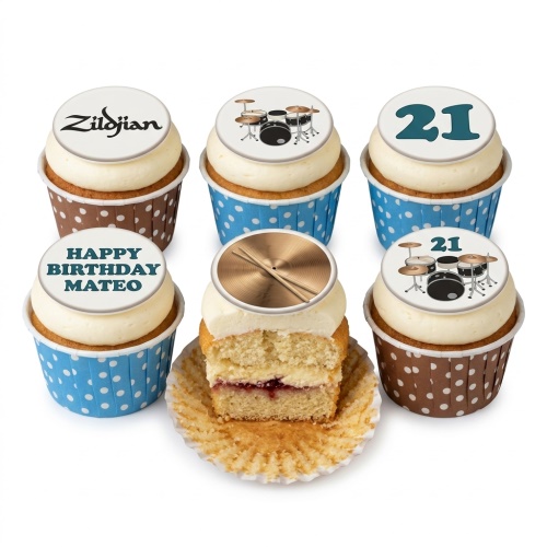 Cupcakes with white frosting, drum kit, cymbal, Zildjian logo, and custom age 21 toppers.