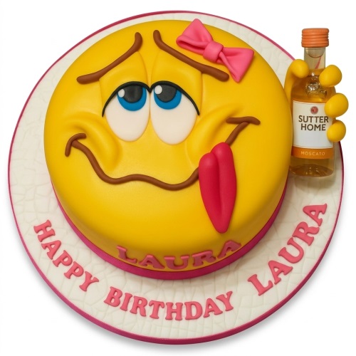 Yellow emoji birthday cake with a pink bow, red tongue, and a miniature Sutter Home Moscato bottle.