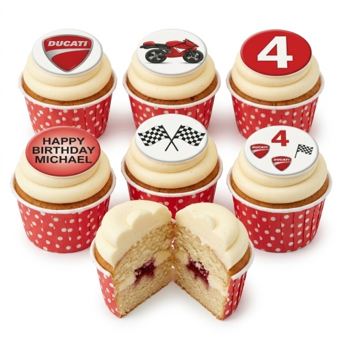 Set of six Ducati motorcycle and racing themed birthday cupcakes with custom age topper and personalised message.