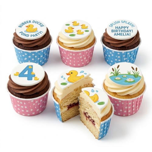 Six rubber duckie and pond theme birthday cupcakes with custom age topper and personalised message.