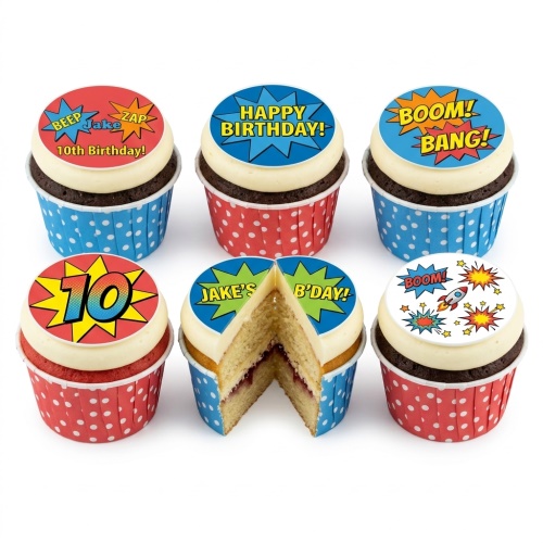 Six superhero comic book themed cupcakes with red and blue polka dot cases.