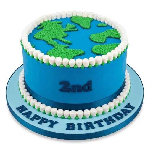 Round blue cake with green world map continents, white and green border, and blue ribbon.