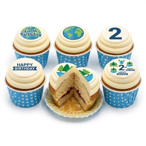 Earth theme birthday cupcakes with globe, trees, and water designs on edible toppers, in blue polka dot cases.