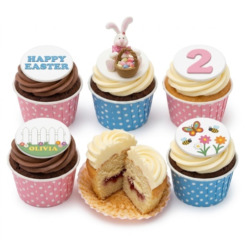 White Easter cupcakes with bunny, Easter eggs, colourful flowers, bees, and a picket fence.