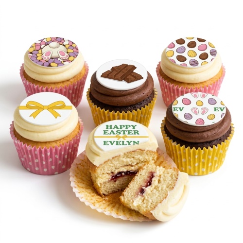 Assortment of Easter cupcakes with bunny feet, Easter eggs, chocolate bars, and bow toppers.