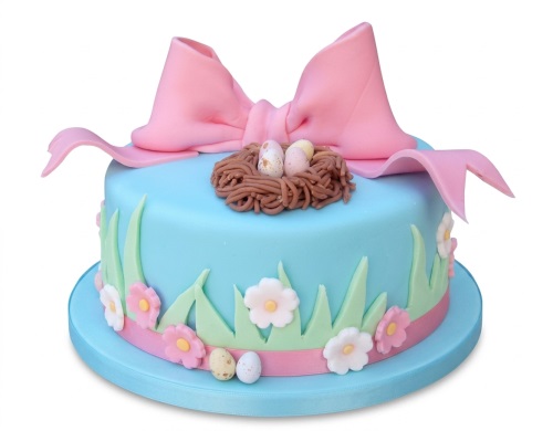 Round blue cake with pink bow, green grass, white and pink flowers, and a bird's nest with eggs.
