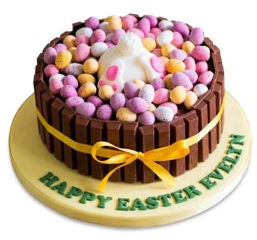 Round chocolate cake decorated with chocolate bars, yellow ribbon, mini speckled eggs, and a white bunny butt.
