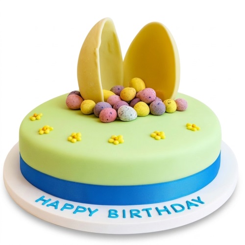 Round green and blue birthday cake with cracked white chocolate eggs and colourful mini eggs.