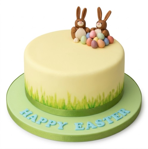 Round yellow Easter cake with two fondant bunnies, pastel eggs, green grass detail, and 'Happy Easter' message.