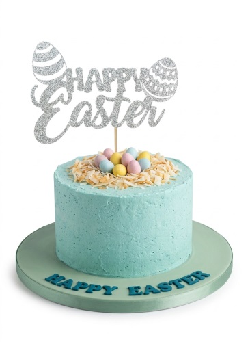 Round light blue Easter cake with a silver glitter 'Happy Easter' topper, coconut nest, and pastel mini eggs.