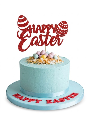 Light blue Easter cake with red glitter 'Happy Easter' topper, mini eggs, and toasted coconut flakes.