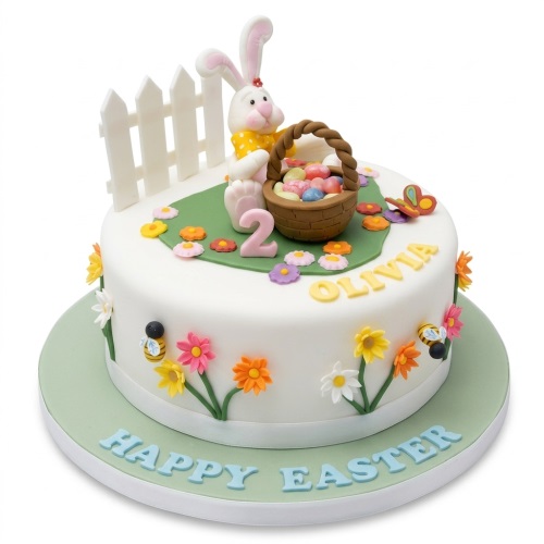 White Easter cake with bunny, Easter eggs, colourful flowers, bees, and a picket fence.