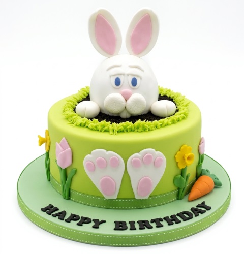 A round, single-tier green bunny rabbit birthday cake with a 3D bunny head, paws, flowers, and a carrot decoration.