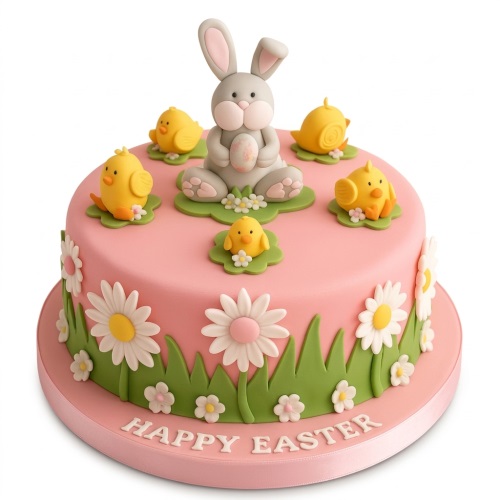 Pink Easter cake with a grey bunny, yellow chicks, green grass, and white and pink flowers. The cake board reads 'HAPPY EASTER'.