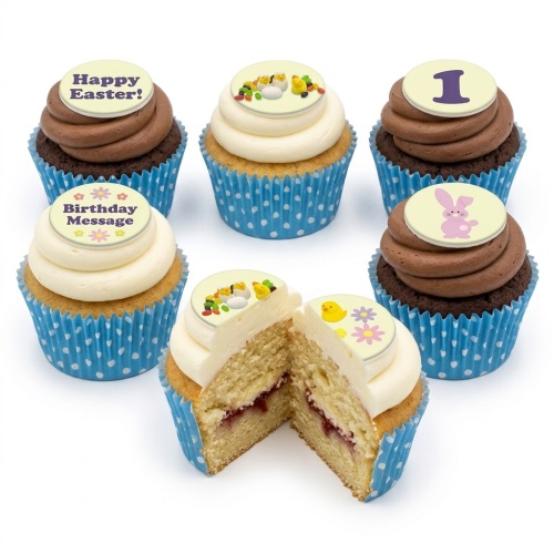 Assortment of Easter cupcakes with chick, bunny, egg, and custom message toppers in blue polka dot cases.