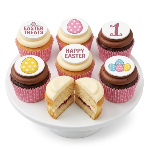 Assortment of Easter cupcakes with egg and "Happy Easter" toppers on a white stand.