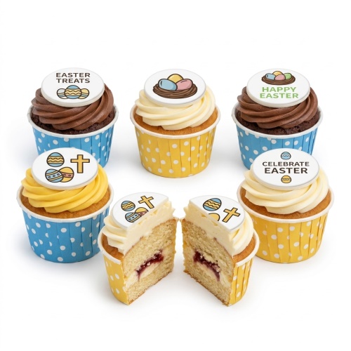 A selection of Easter cupcakes with white and chocolate frosting, topped with edible Easter egg and cross designs, in blue and yellow polka dot wrappers.