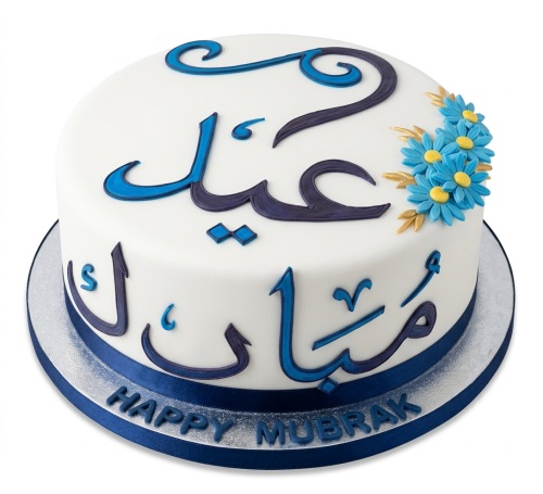 White round Eid Mubarak cake with blue Arabic calligraphy and blue flowers.