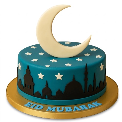 Round teal cake with white crescent moon, stars, black mosque silhouettes, and 'Eid Mubarak' text on gold board.