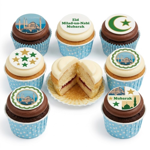 Cupcakes with mosque, crescent moon, stars, and Eid Milad-un-Nabi Mubarak edible toppers.