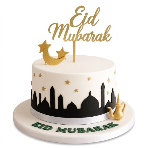 White Eid Mubarak cake with black mosque silhouettes, gold stars, crescent moon, and "Eid Mubarak" topper.