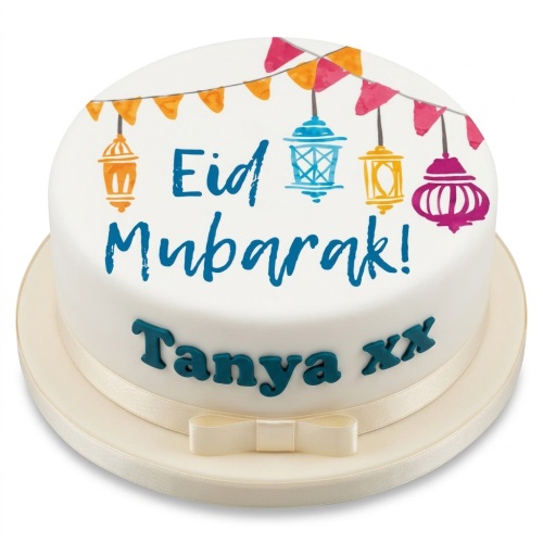 White round Eid Mubarak cake with colourful lanterns, bunting, and a personalised name.