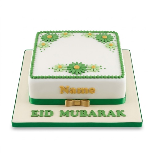 White square Eid Mubarak cake with green floral decoration and personalised name.