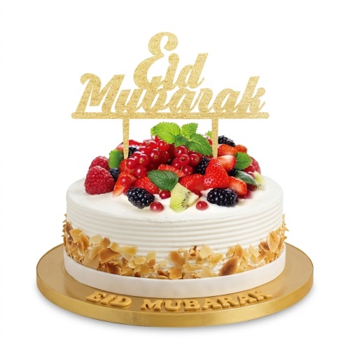 Round white cake with fresh mixed berries, flaked almonds, and a gold 'Eid Mubarak' topper.
