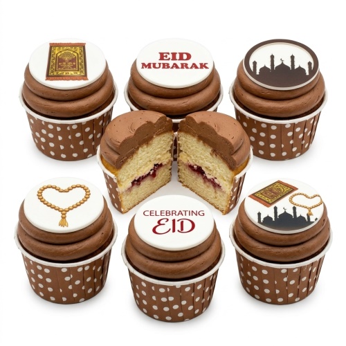 Eid Mubarak cupcakes with mosque, prayer mat, and prayer beads toppers on chocolate frosting.
