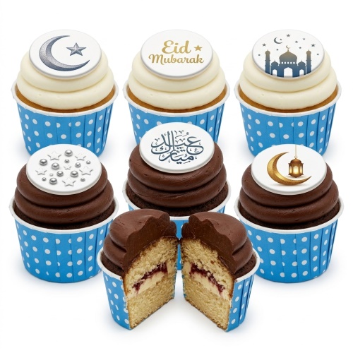 Eid Mubarak cupcakes with crescent moon, mosque, and lantern toppers on vanilla and chocolate frosting.