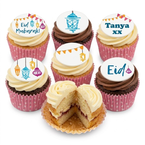 Eid celebration cupcakes with lantern and bunting toppers, with vanilla and chocolate frosting.