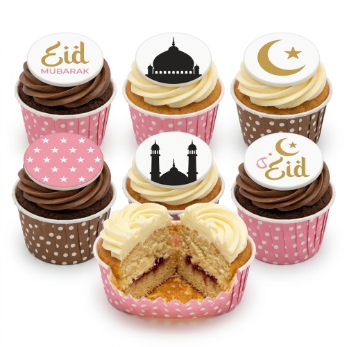 Assortment of Eid Mubarak cupcakes with mosque, crescent moon, star, and 'Eid' toppers.