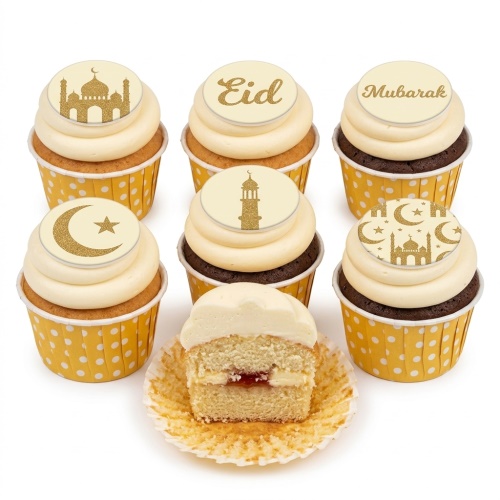 Six Eid Mubarak cupcakes with gold glitter mosque, minaret, and crescent moon toppers on cream frosting.