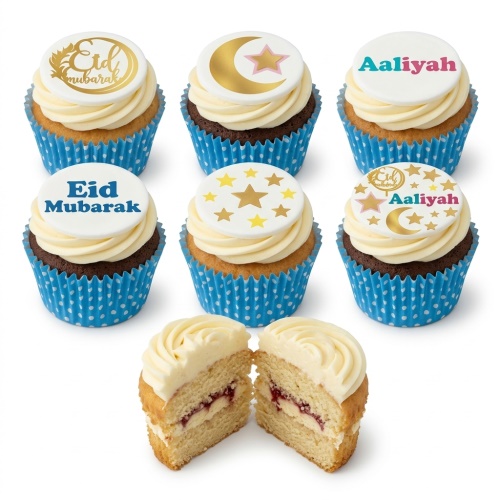Eid Mubarak celebration cupcakes with crescent moon, stars, and "Eid Mubarak" edible toppers.