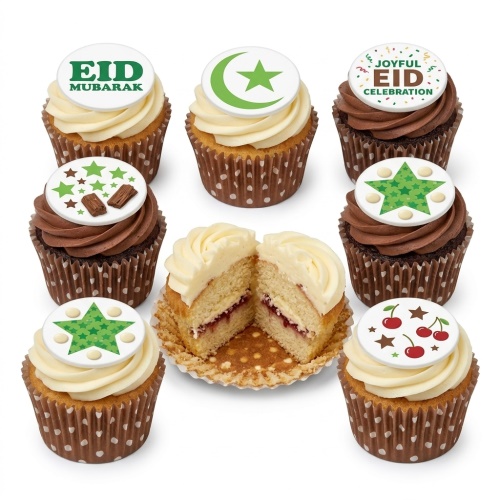 A selection of Eid celebration cupcakes with "Eid Mubarak" and "Joyful Eid Celebration" toppers, crescent moon and star, green stars, and cherries.