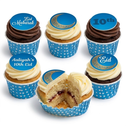 Eid Mubarak cupcakes with blue and gold crescent moon toppers and custom age example.