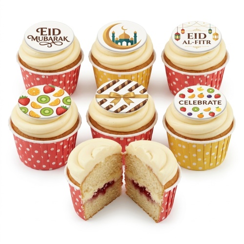 Cupcakes with Eid Mubarak, mosque, Eid Al-Fitr, fruit, and gift-themed toppers