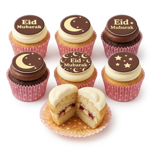 Eid Mubarak cupcakes with chocolate toppers, crescent moons, and stars on vanilla and chocolate sponges.