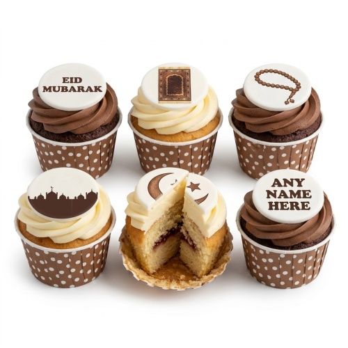 A set of Eid Mubarak cupcakes with Islamic themed edible toppers and a personalised name option.