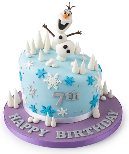 Light blue single-tier birthday cake with an Olaf character topper, white and blue snowflakes, white snow peaks, and a custom age topper.